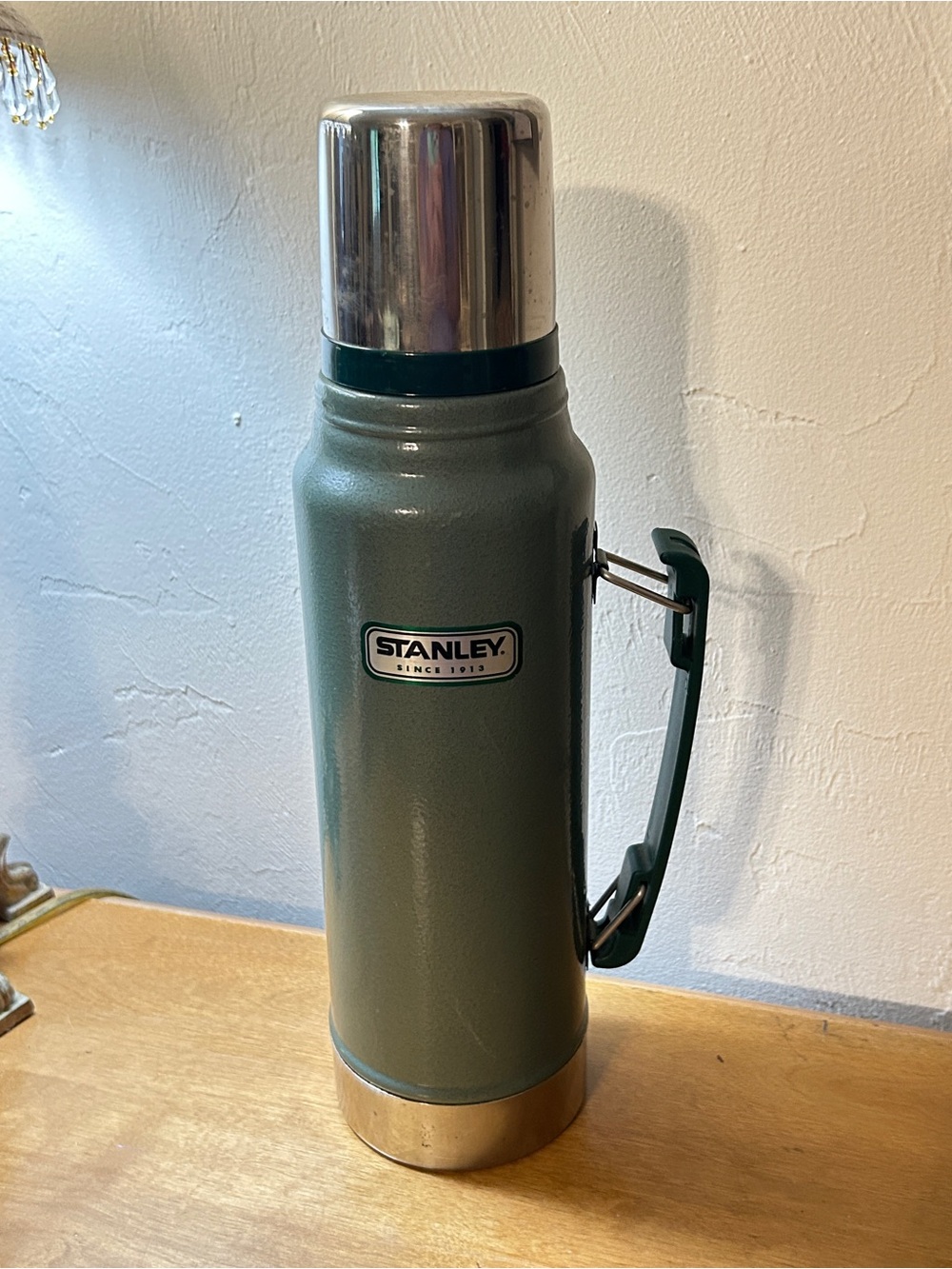 Vintage Green Stanley Thermos with Silver Accents